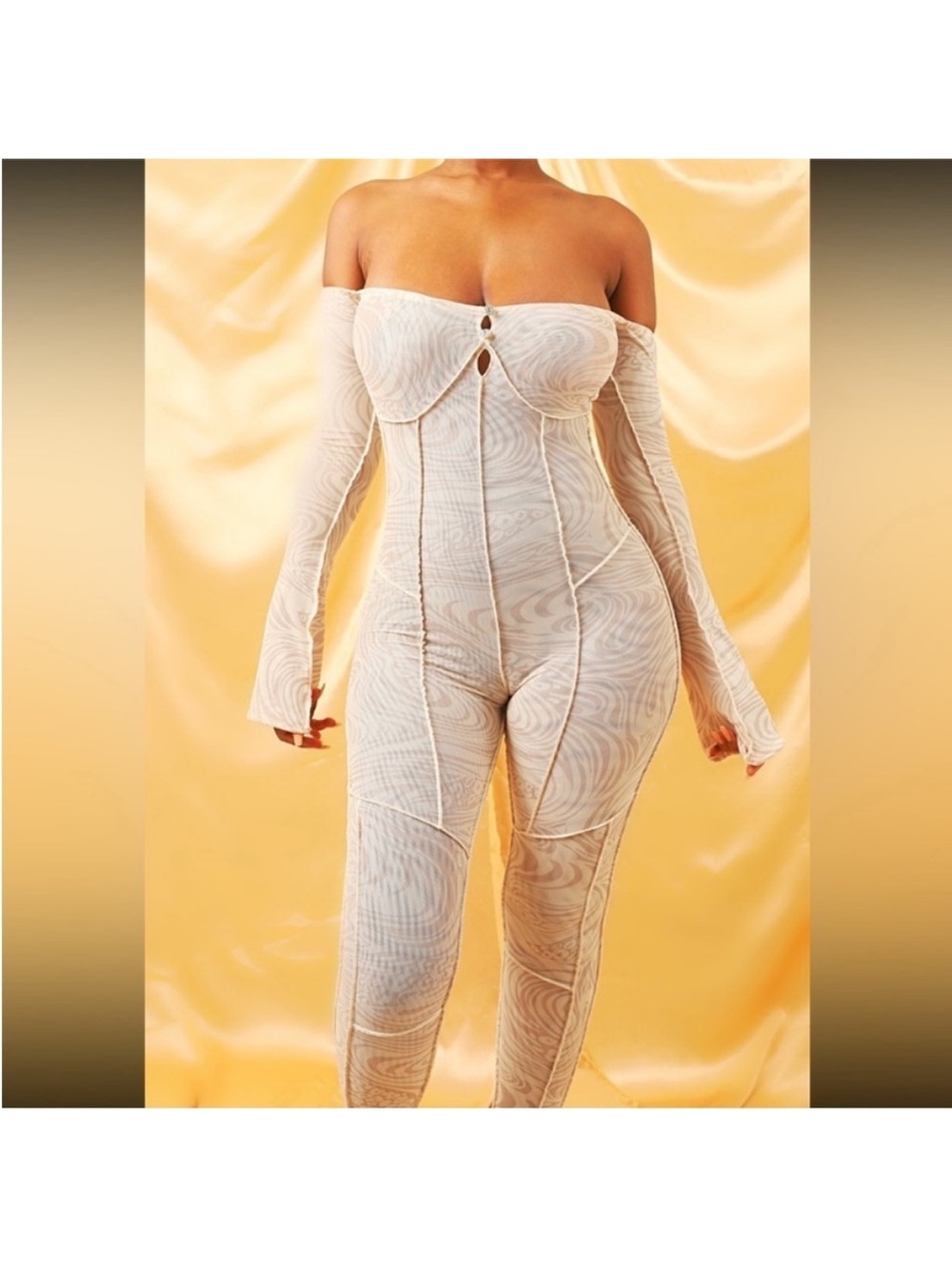 Off-Shoulder Cream Patterned Jumpsuit - Picture 3 of 8